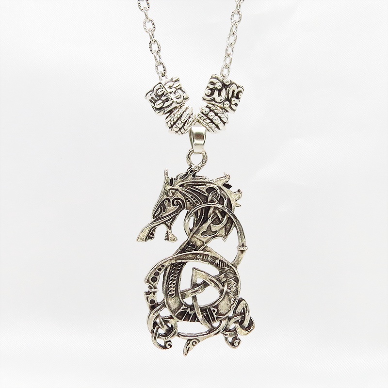 アンティークシルバー ドラゴンモチーフのペンダントネックレス 模様刻みチェーン ゴシック パンク メタル 龍 長さ調整可