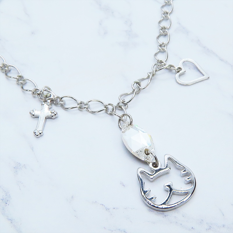 猫フェイスシルエットモチーフと大きめスワロフスキー(クリアカラー)のブレスレット シルバーカラー ロザリオ ハート