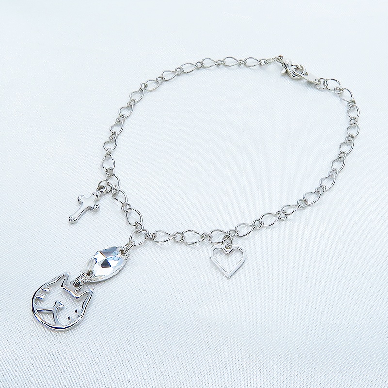 猫フェイスシルエットモチーフと大きめスワロフスキー(クリアカラー)のブレスレット シルバーカラー ロザリオ ハート