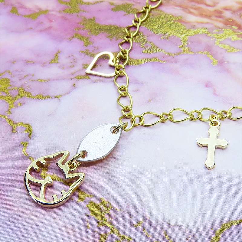 猫フェイスシルエットモチーフと大きめスワロフスキー(ゴールドシャドー)のブレスレット ゴールドカラー ロザリオ ハート