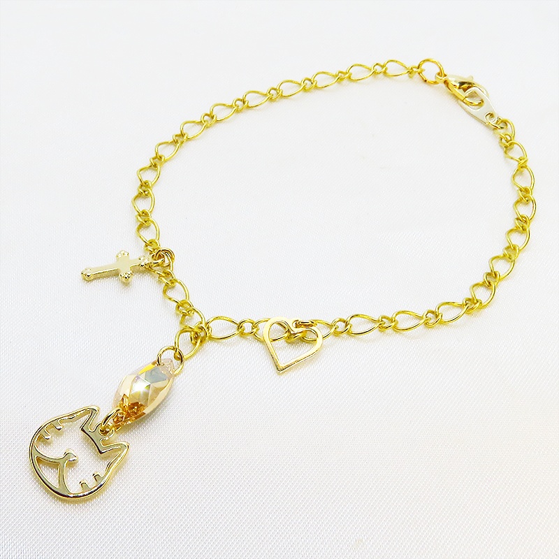 猫フェイスシルエットモチーフと大きめスワロフスキー(ゴールドシャドー)のブレスレット ゴールドカラー ロザリオ ハート