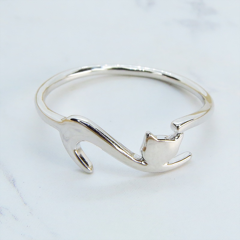 「再販×5」シルバー925 繊細で柔らかいラインの猫シルエットモチーフリング 指輪 フリーサイズ