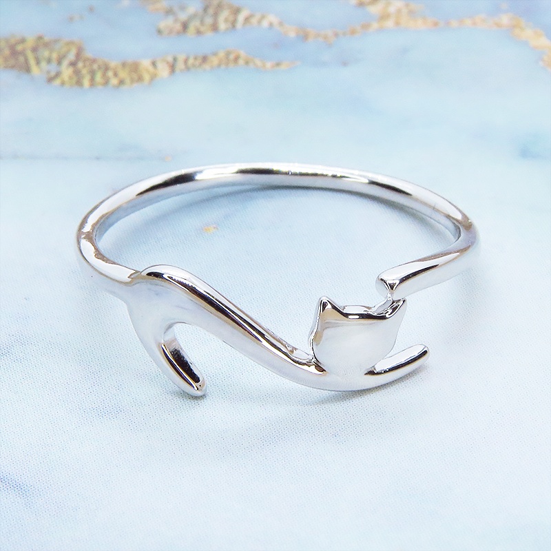 「再販×5」シルバー925 繊細で柔らかいラインの猫シルエットモチーフリング 指輪 フリーサイズ