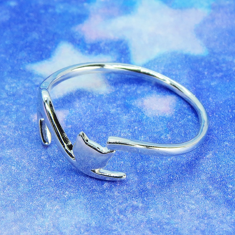 「再販×5」シルバー925 繊細で柔らかいラインの猫シルエットモチーフリング 指輪 フリーサイズ