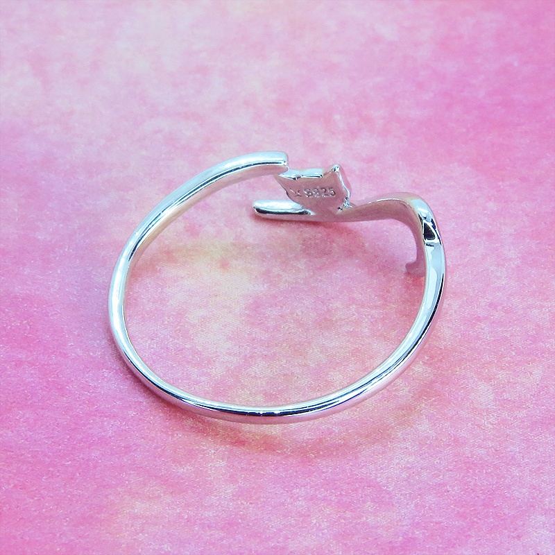 「再販×5」シルバー925 繊細で柔らかいラインの猫シルエットモチーフリング 指輪 フリーサイズ