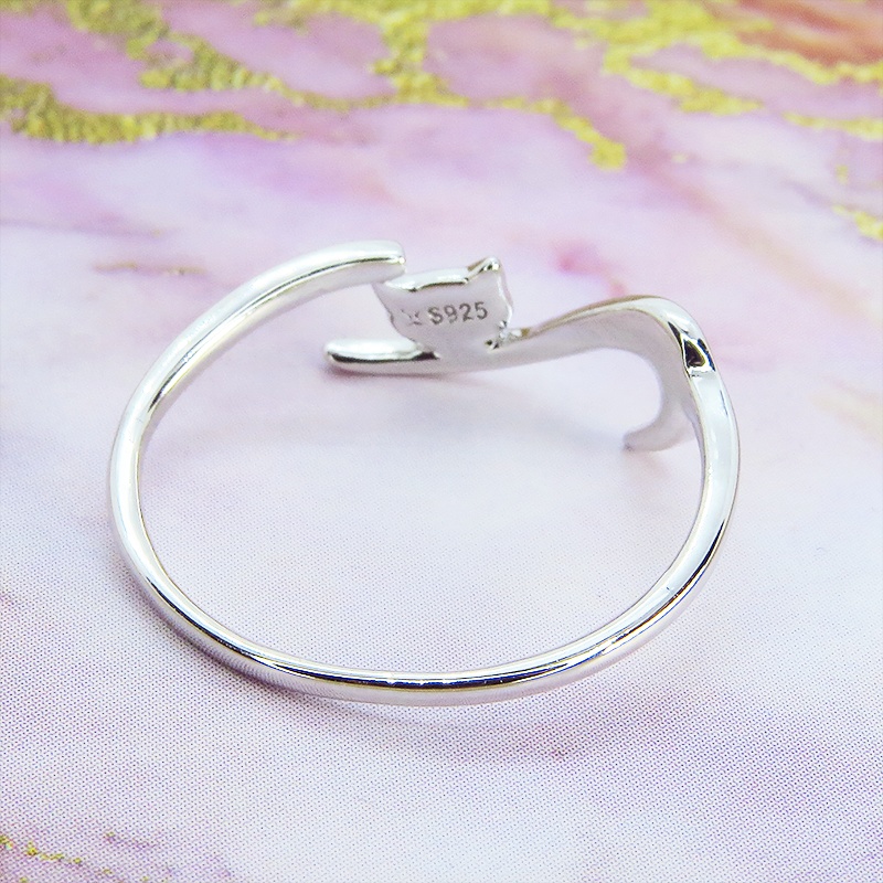 「再販×5」シルバー925 繊細で柔らかいラインの猫シルエットモチーフリング 指輪 フリーサイズ