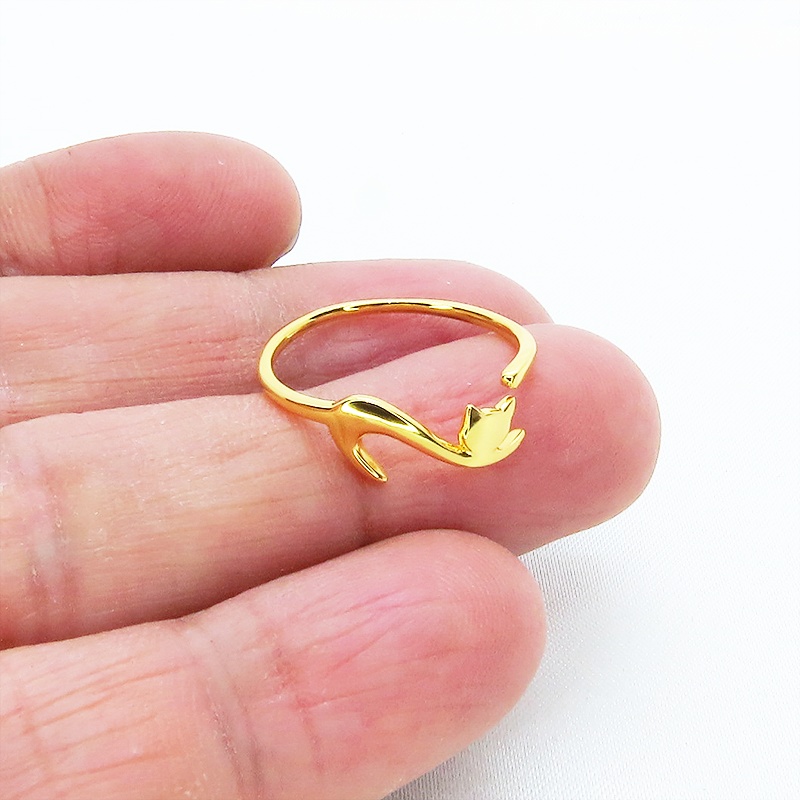 「再販×4」シルバー925 繊細で柔らかいラインの猫シルエットモチーフリング フリーサイズ 18Kゴールドコーティング