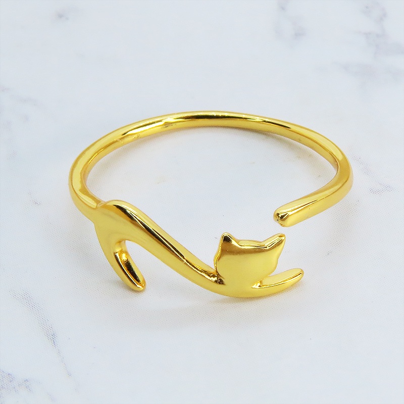 「再販×4」シルバー925 繊細で柔らかいラインの猫シルエットモチーフリング フリーサイズ 18Kゴールドコーティング
