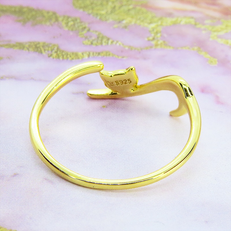 「再販×4」シルバー925 繊細で柔らかいラインの猫シルエットモチーフリング フリーサイズ 18Kゴールドコーティング