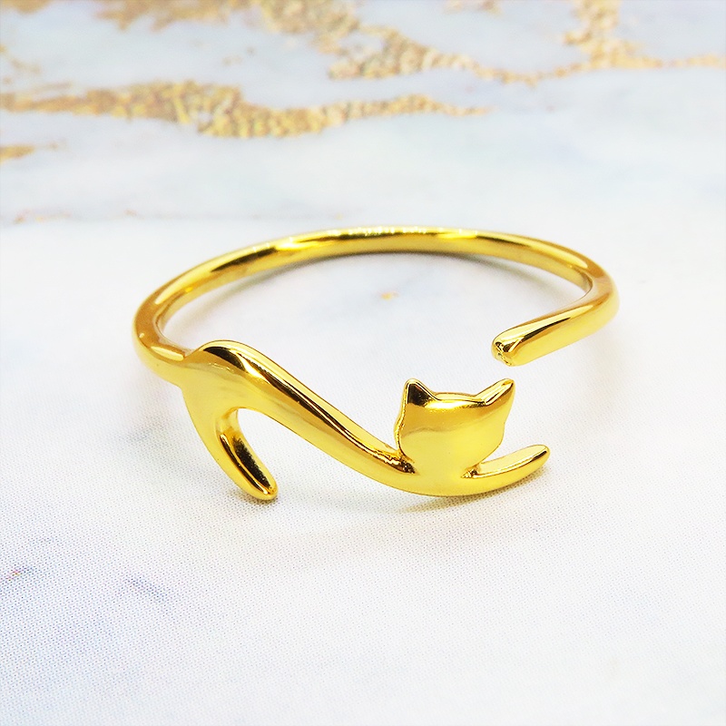 「再販×4」シルバー925 繊細で柔らかいラインの猫シルエットモチーフリング フリーサイズ 18Kゴールドコーティング
