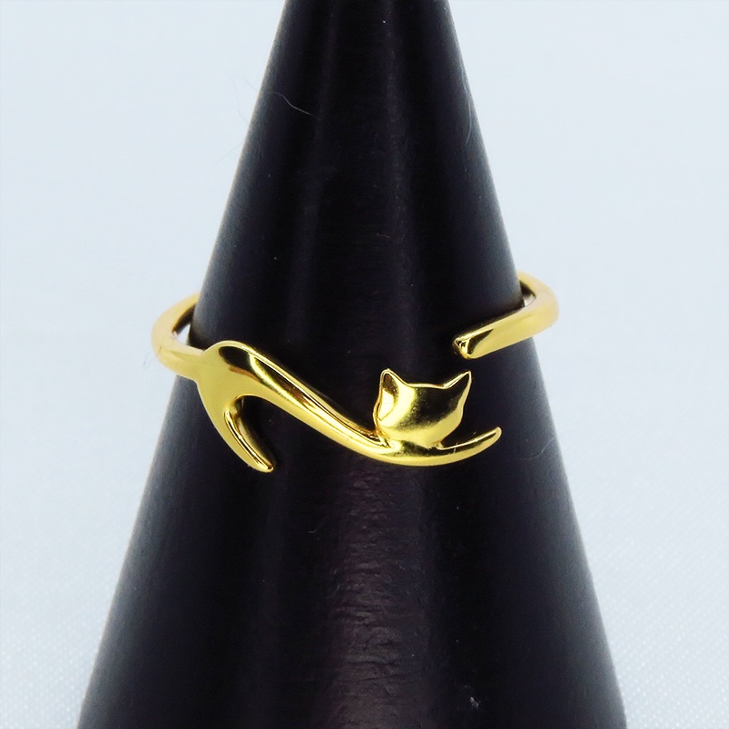 「再販×4」シルバー925 繊細で柔らかいラインの猫シルエットモチーフリング フリーサイズ 18Kゴールドコーティング