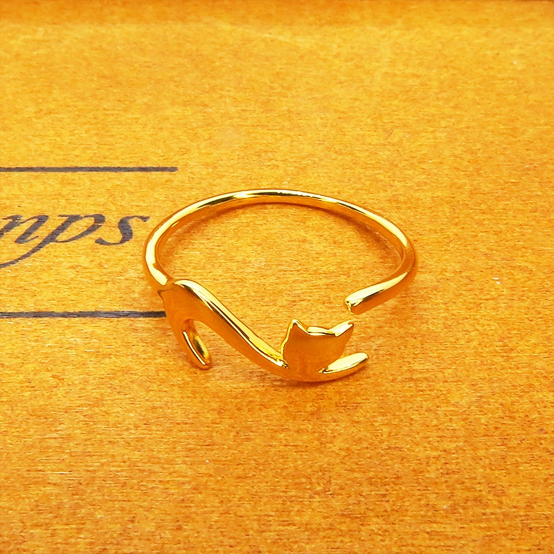 「再販×4」シルバー925 繊細で柔らかいラインの猫シルエットモチーフリング フリーサイズ 18Kゴールドコーティング