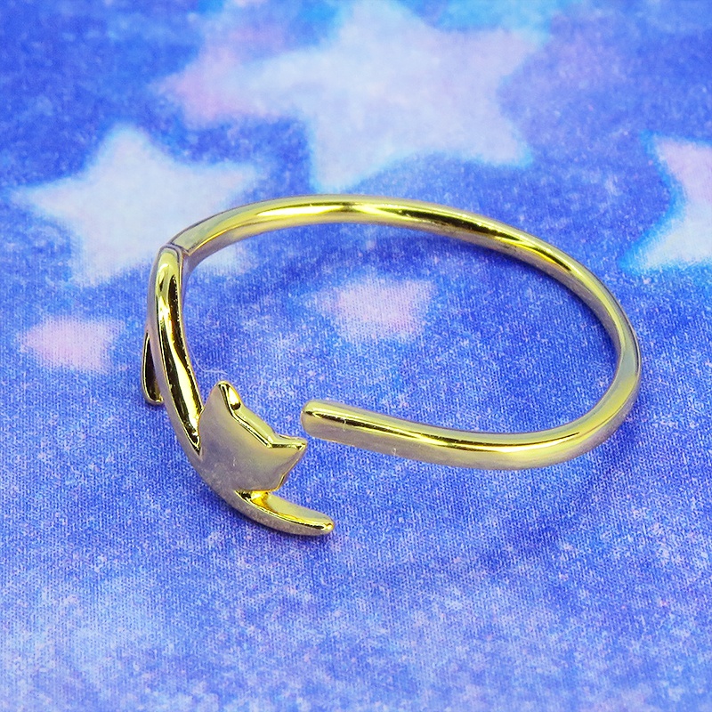 「再販×4」シルバー925 繊細で柔らかいラインの猫シルエットモチーフリング フリーサイズ 18Kゴールドコーティング
