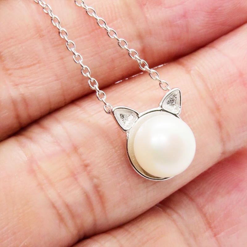 シルバー925 シンプルにさり気なく大人可愛い猫耳パールのネックレスとピアスのセット 淡水パール アジャスター追加可