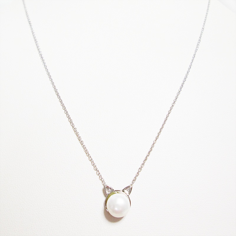 シルバー925 シンプルにさり気なく大人可愛い猫耳パールネックレス 淡水パール アジャスター追加可