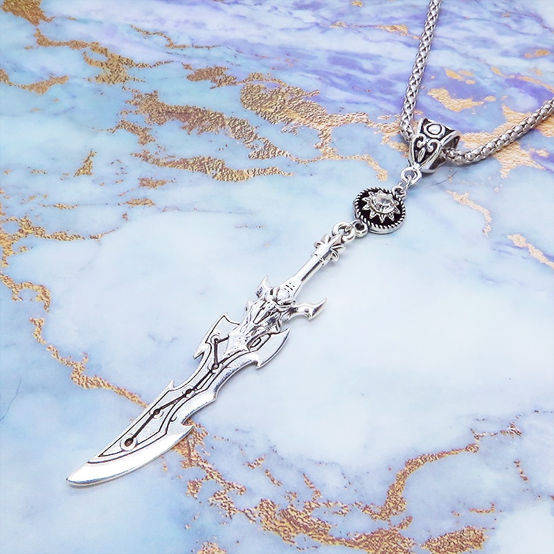 アンティークシルバー 剣(ソード)モチーフとラインストーンを組合せたロングネックレス メンズ レディース ゴシック