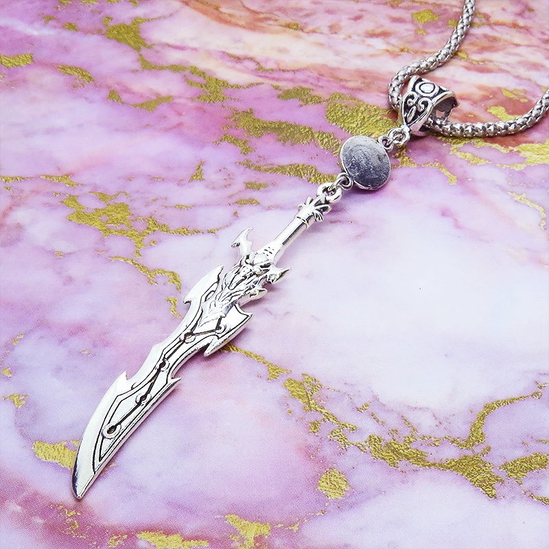 アンティークシルバー 剣(ソード)モチーフとラインストーンを組合せたロングネックレス メンズ レディース ゴシック