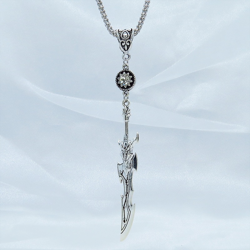 アンティークシルバー 剣(ソード)モチーフとラインストーンを組合せたロングネックレス メンズ レディース ゴシック