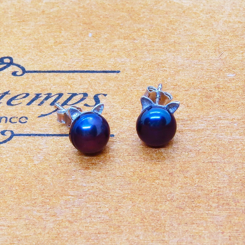 シルバー925 淡水パール(ピーコックブルー) シンプルにさり気なく大人可愛い猫耳パールのピアス スタッド ワンポイント