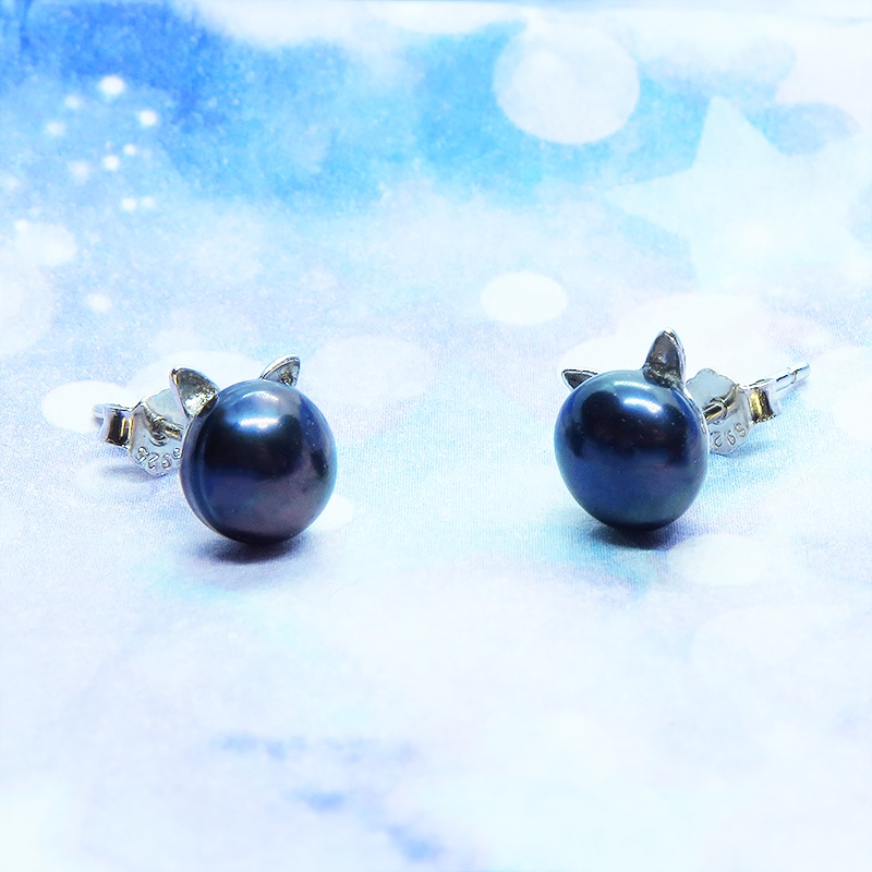 シルバー925 淡水パール(ピーコックブルー) シンプルにさり気なく大人可愛い猫耳パールのピアス スタッド ワンポイント