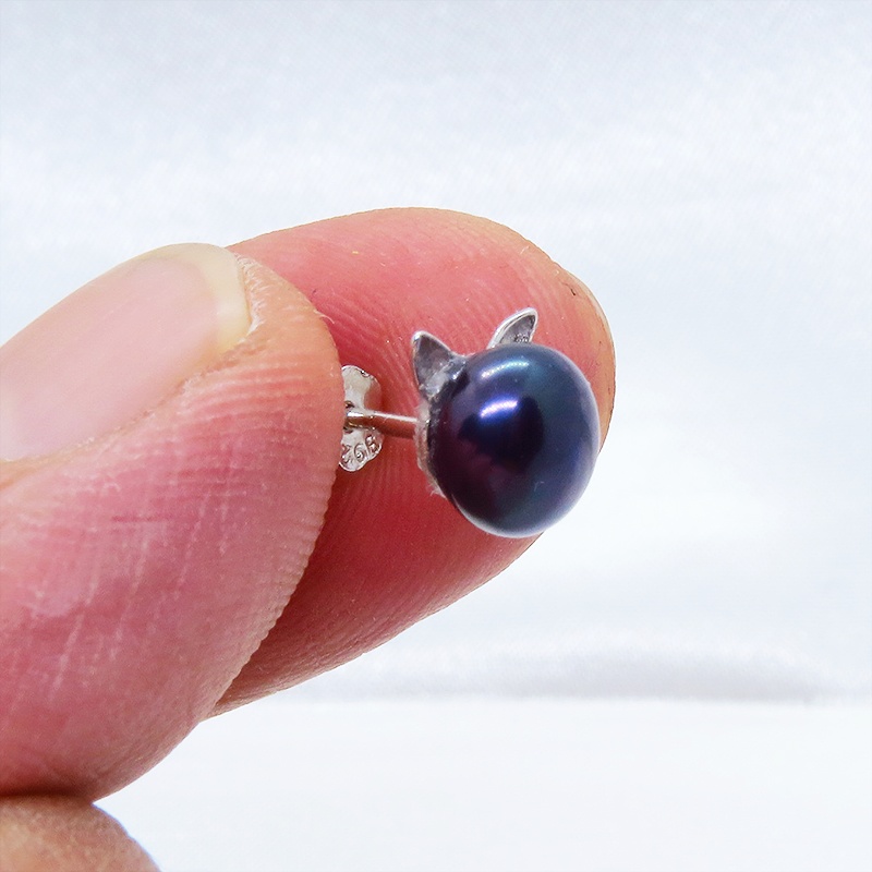 シルバー925 淡水パール(ピーコックブルー) シンプルにさり気なく大人可愛い猫耳パールのピアス スタッド ワンポイント