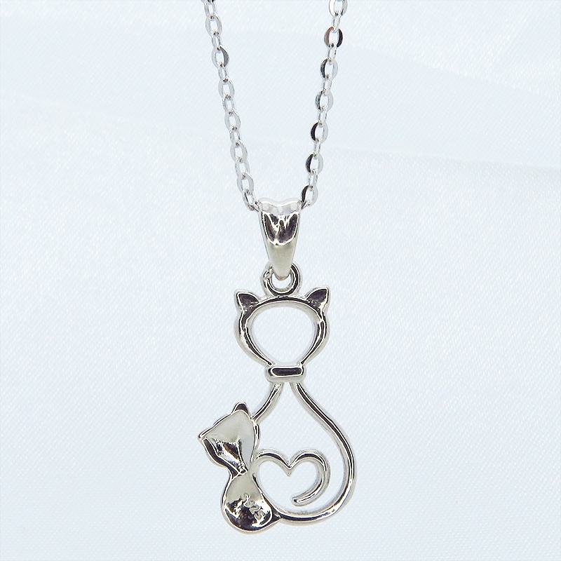 シルバー925 親子が寄り添う猫シルエットモチーフの大人可愛いペンダント・ネックレス 親子 ハート
