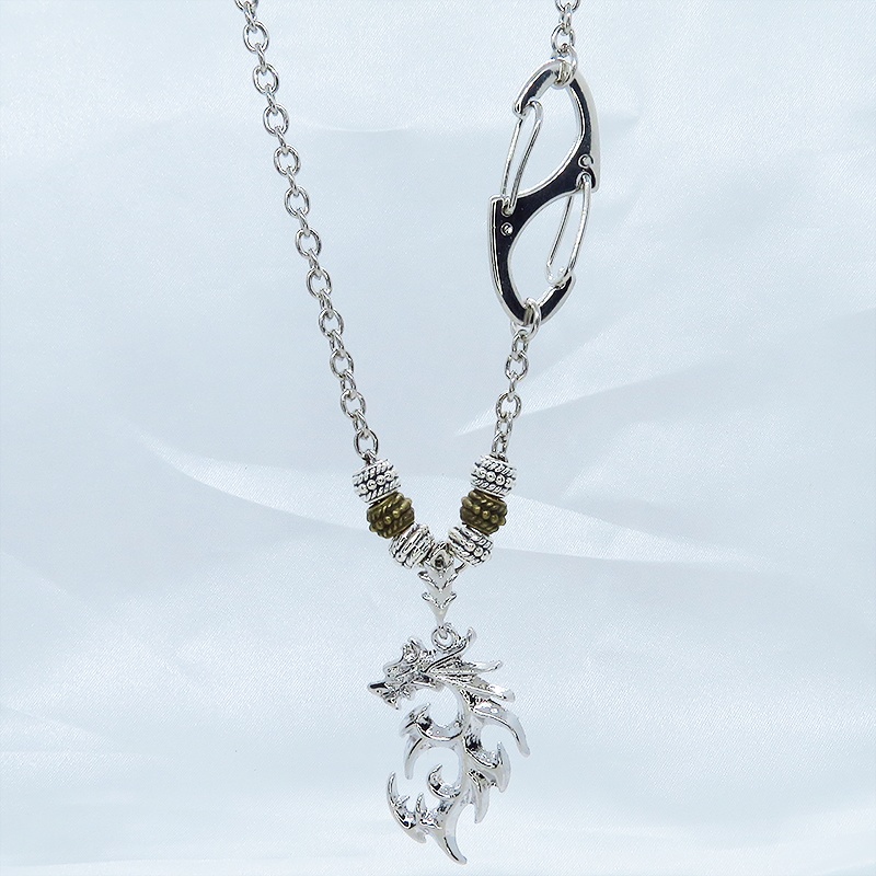ドラゴンのシルエットモチーフとカラビナ・バックルのパンクロックスタイルネックレス ロック シルバー925PLD メタルビーズ