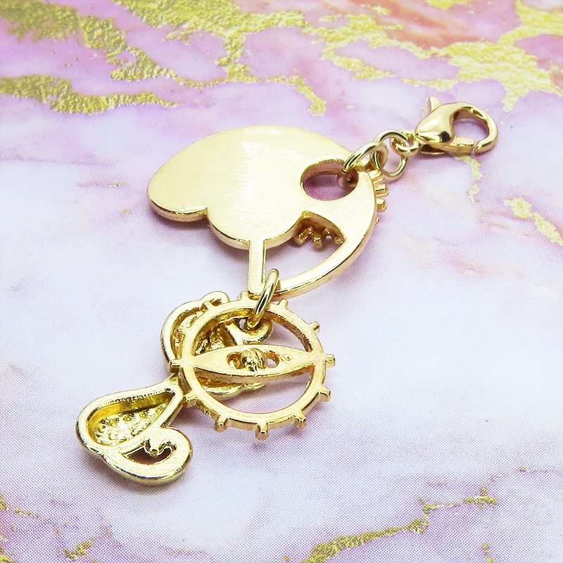 マスクチャーム マットゴールドの猫と二層歯車のチャーム キーホルダー スチームパンク風