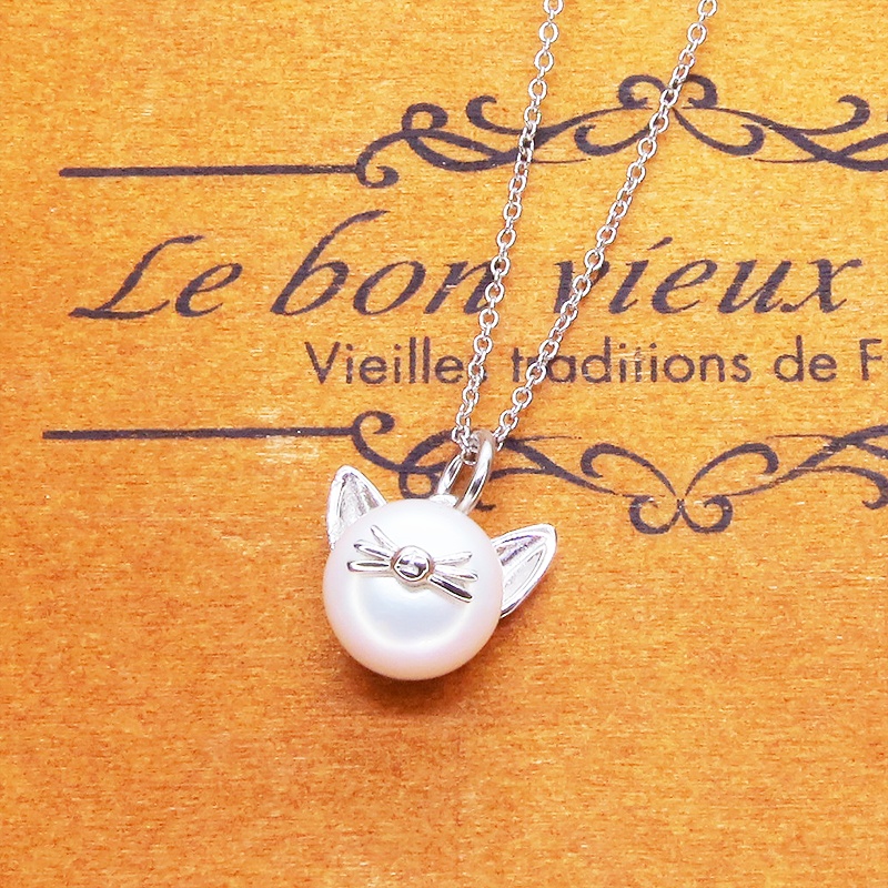 シルバー925 ひげつき猫耳パールのペンダント型ネックレス 淡水パール(ナチュラルホワイト)アジャスター可