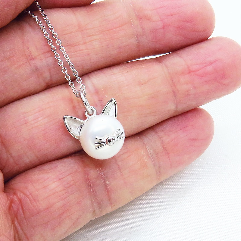 セット販売 シルバー925 ヒゲつき猫耳パールの可愛いピアス・ネックレスのセット 淡水パール