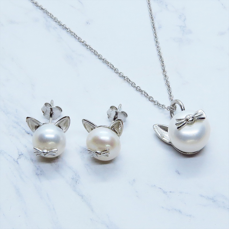 セット販売 シルバー925 ヒゲつき猫耳パールの可愛いピアス・ネックレスのセット 淡水パール