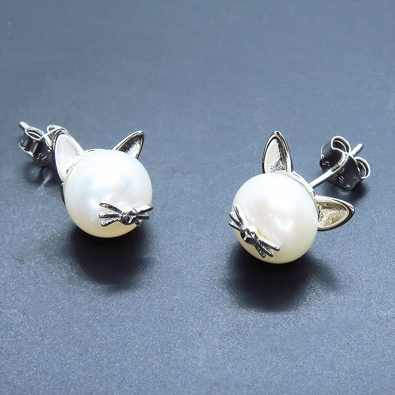 セット販売 シルバー925 ヒゲつき猫耳パールの可愛いピアス・ネックレスのセット 淡水パール