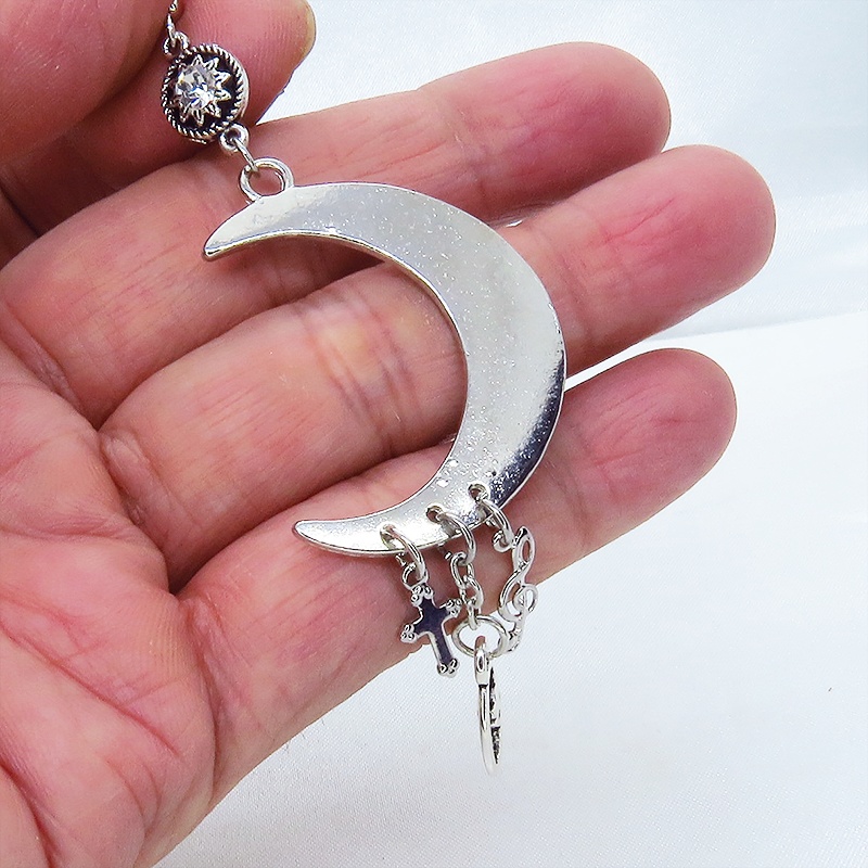 アンティークシルバー 猫と三日月のピアス タッセル調 メタル ラインストーン ロザリオ 音符 ユニセックス