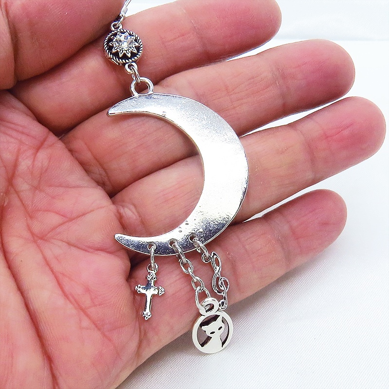 アンティークシルバー 猫と三日月のピアス タッセル調 メタル ラインストーン ロザリオ 音符 ユニセックス