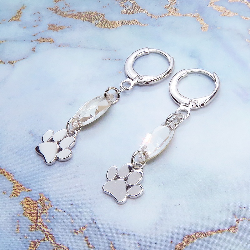 【再々販】シルバー925 肉球をあしらったモチーフとスワロフスキーを組み合わせたフープピアス リングピアス 猫 犬