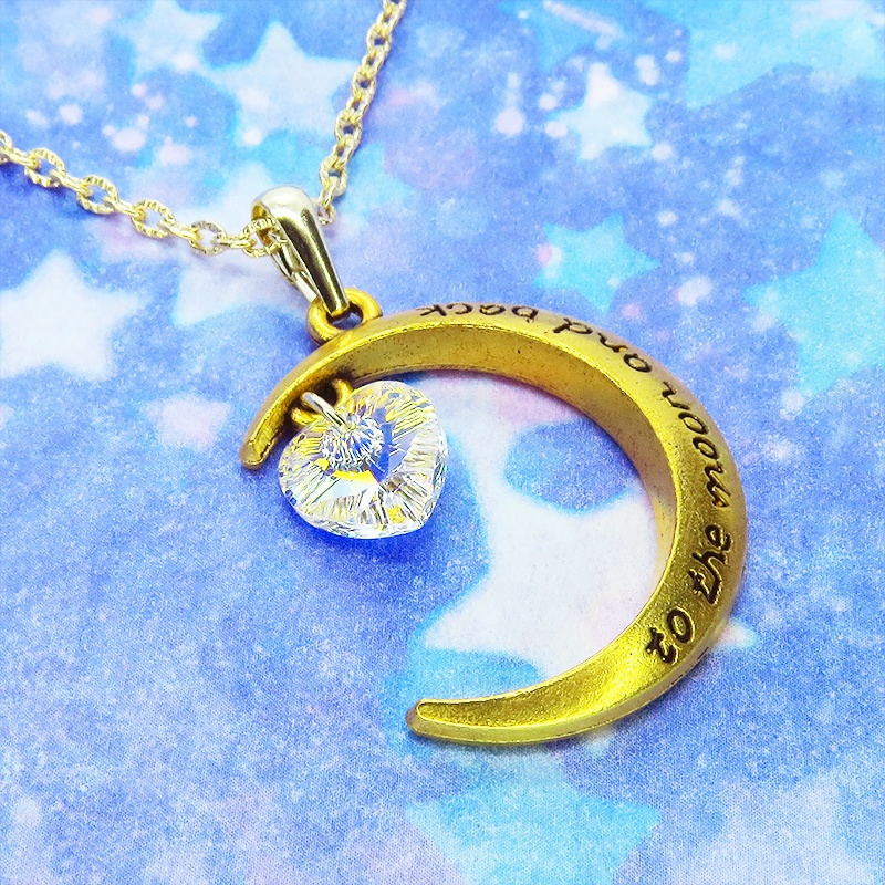 マットゴールド 三日月とハート型スワロフスキー・クリスタルを組み合わせたネックレス クリスタルオーロラ 長さ調整可