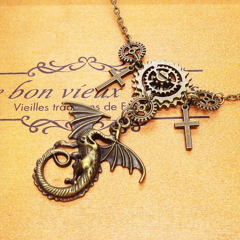アンティークゴールド ドラゴンと歯車の本格的スチームパンクネックレス ロザリオ アジャスター 長さ調整可