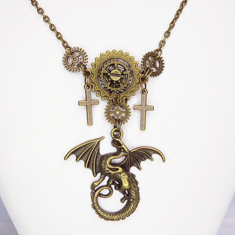 アンティークゴールド ドラゴンと歯車の本格的スチームパンクネックレス ロザリオ アジャスター 長さ調整可