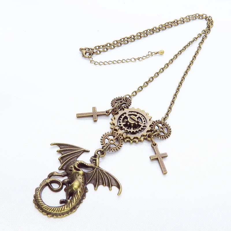 アンティークゴールド ドラゴンと歯車の本格的スチームパンクネックレス ロザリオ アジャスター 長さ調整可