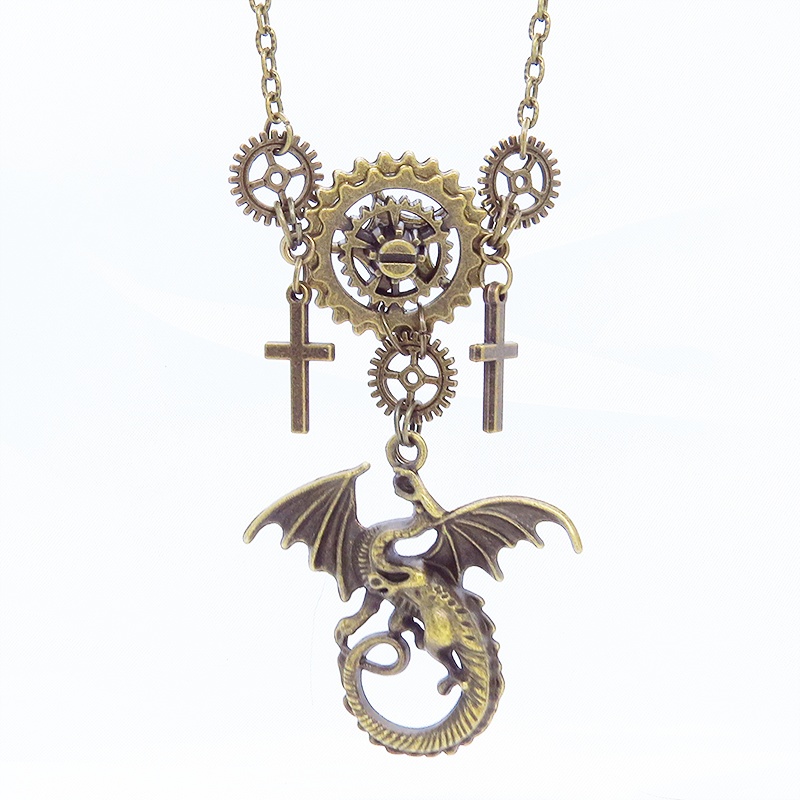 アンティークゴールド ドラゴンと歯車の本格的スチームパンクネックレス ロザリオ アジャスター 長さ調整可