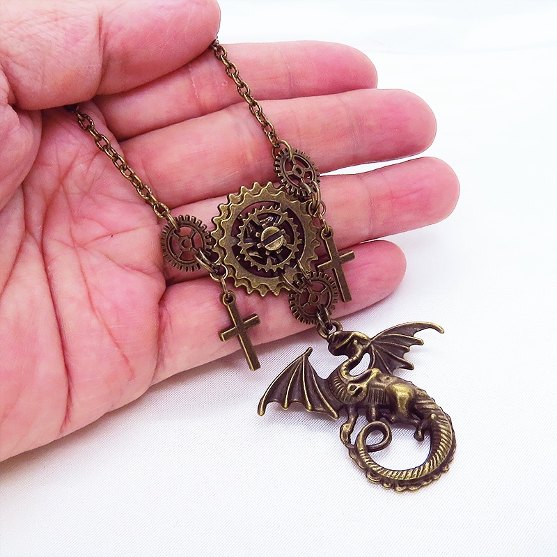アンティークゴールド ドラゴンと歯車の本格的スチームパンクネックレス ロザリオ アジャスター 長さ調整可