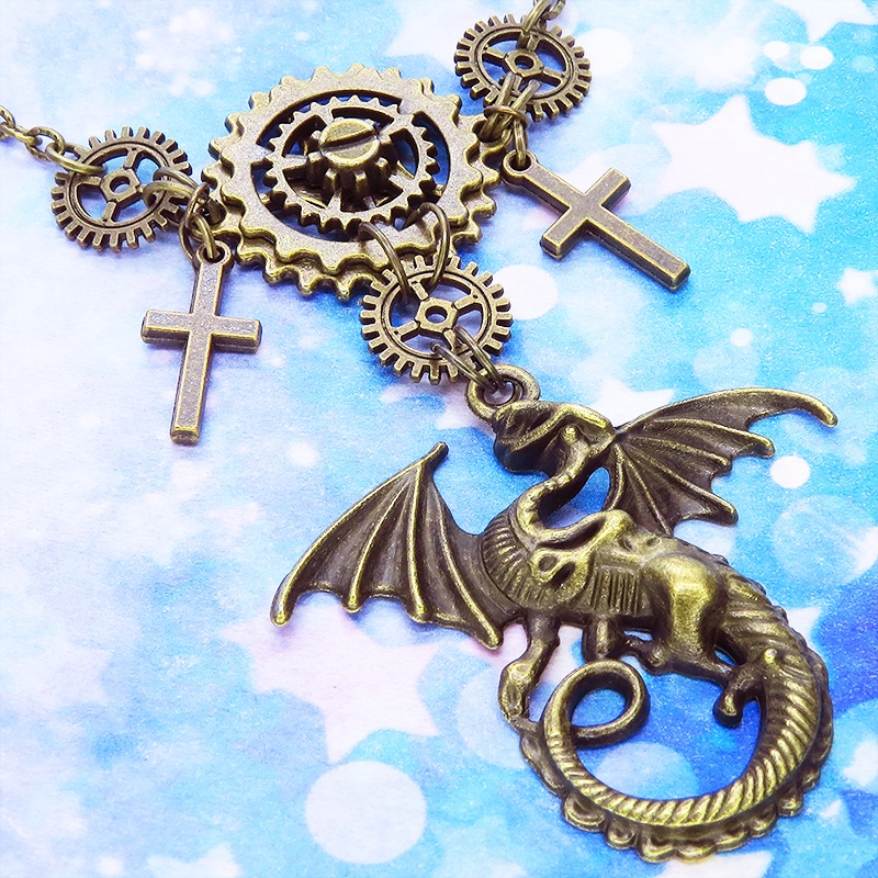 アンティークゴールド ドラゴンと歯車の本格的スチームパンクネックレス ロザリオ アジャスター 長さ調整可