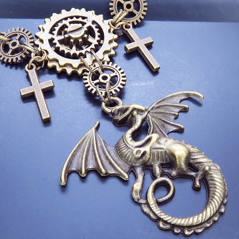 アンティークゴールド ドラゴンと歯車の本格的スチームパンクネックレス ロザリオ アジャスター 長さ調整可