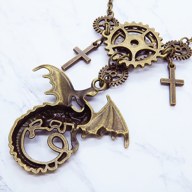 アンティークゴールド ドラゴンと歯車の本格的スチームパンクネックレス ロザリオ アジャスター 長さ調整可