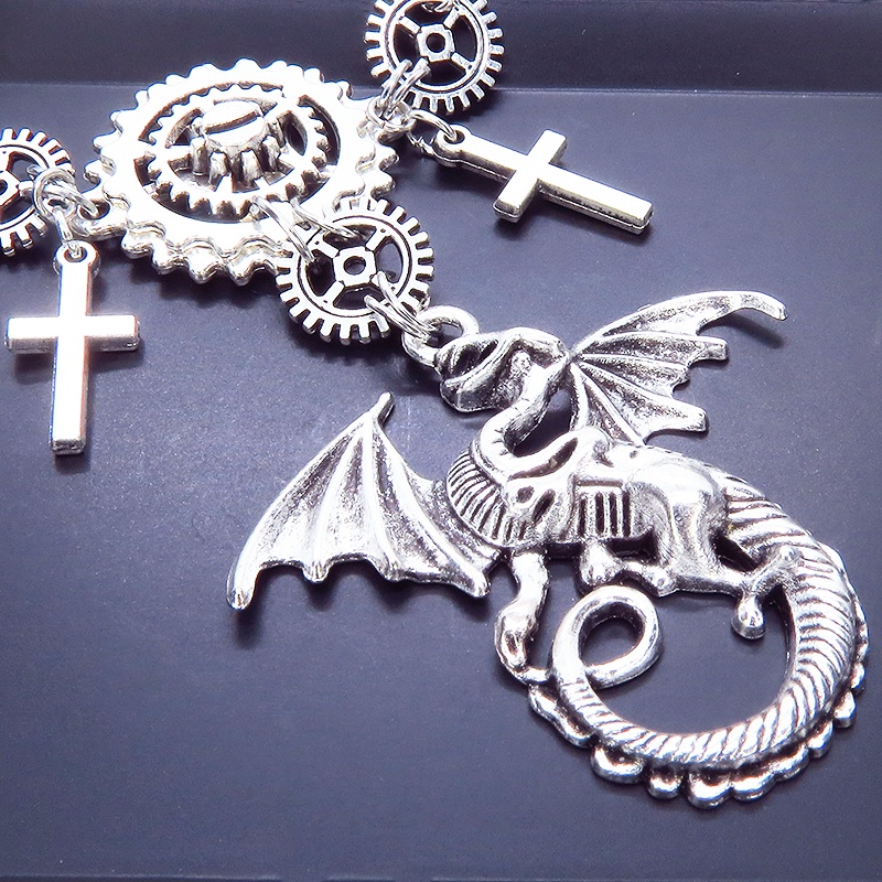 アンティークシルバー ドラゴンと歯車の本格的スチームパンクネックレス ロザリオ アジャスター 長さ調整可