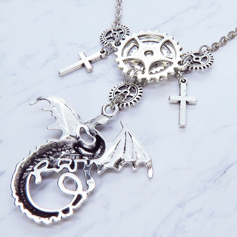 アンティークシルバー ドラゴンと歯車の本格的スチームパンクネックレス ロザリオ アジャスター 長さ調整可