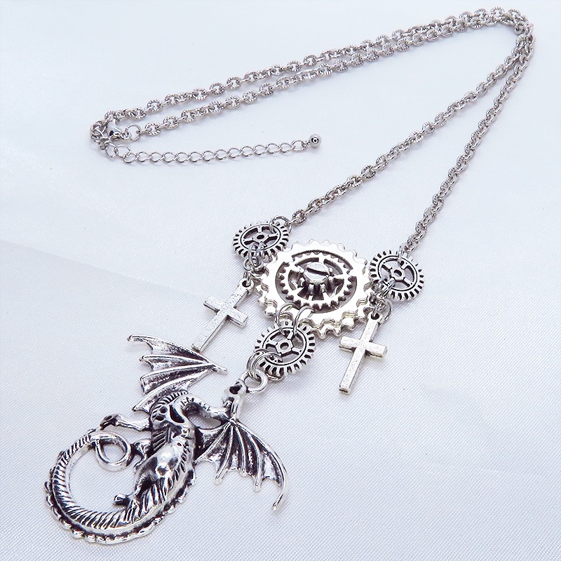 アンティークシルバー ドラゴンと歯車の本格的スチームパンクネックレス ロザリオ アジャスター 長さ調整可