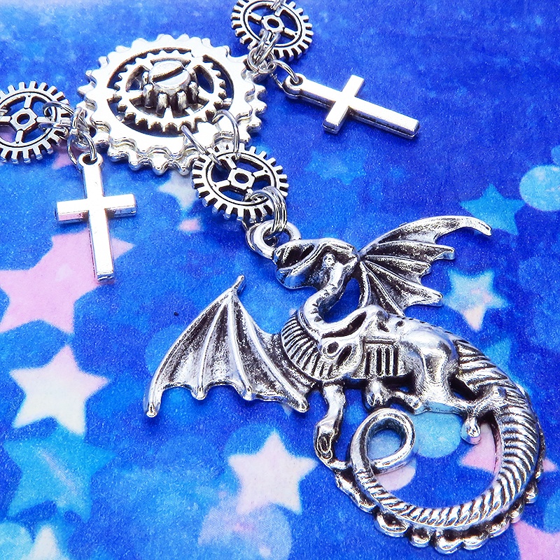 アンティークシルバー ドラゴンと歯車の本格的スチームパンクネックレス ロザリオ アジャスター 長さ調整可