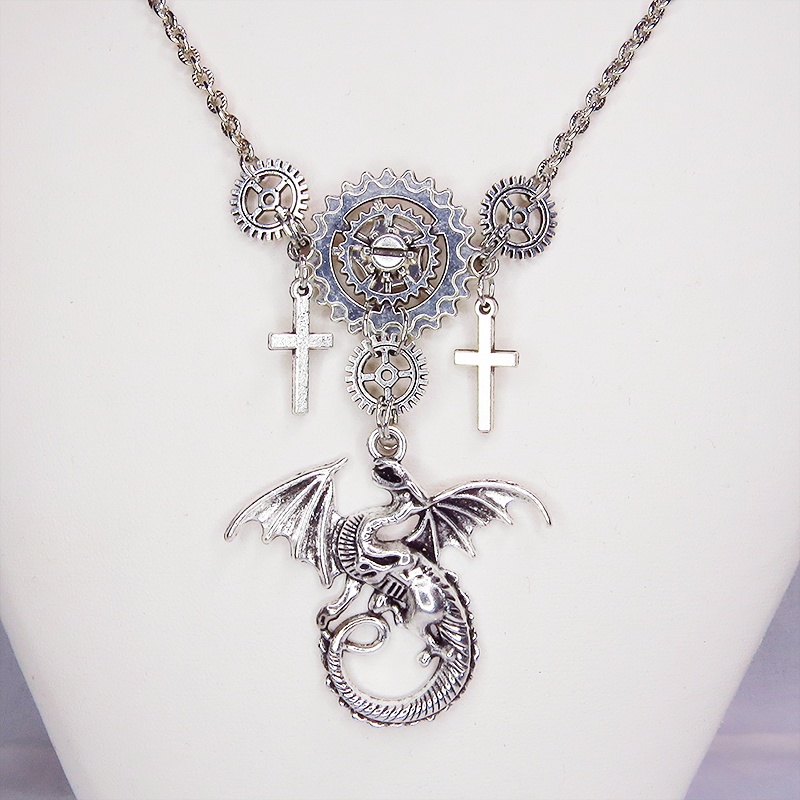 アンティークシルバー ドラゴンと歯車の本格的スチームパンクネックレス ロザリオ アジャスター 長さ調整可