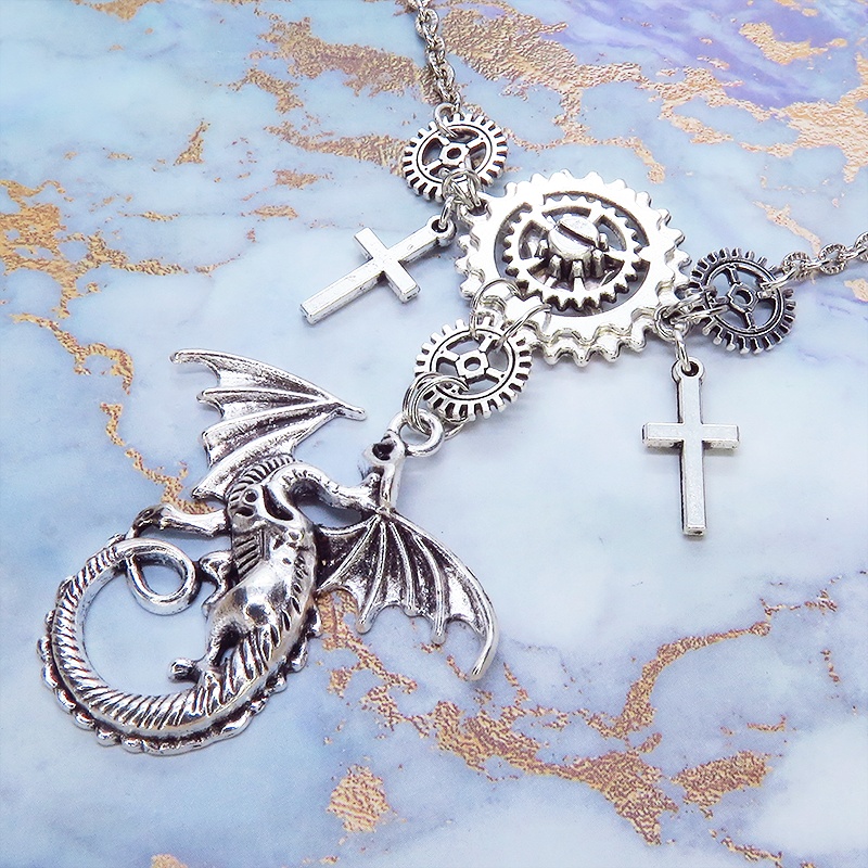 アンティークシルバー ドラゴンと歯車の本格的スチームパンクネックレス ロザリオ アジャスター 長さ調整可